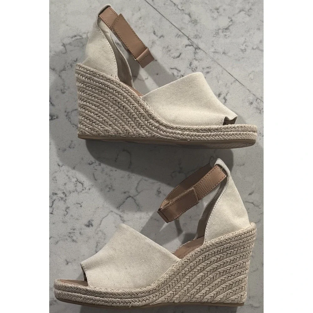 TOMS Marisol Natural Canvas Leather Ankle Strap Espadrille Wedge Sandal 9.5
